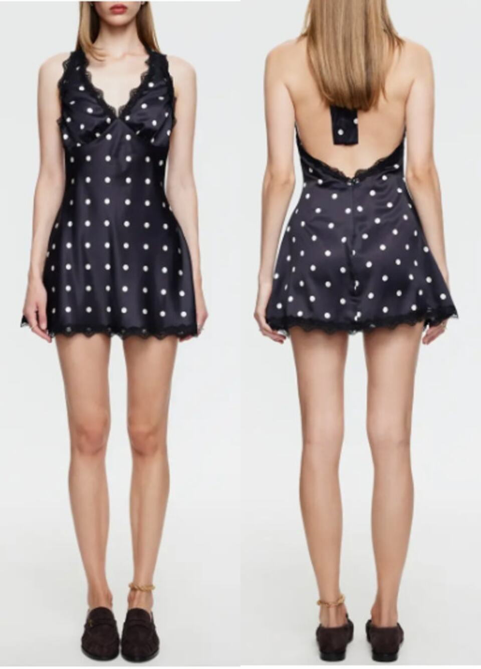 NWT Lioness Stars Align Lace-Trim Satin Mini Dress Noir Polka Women's Size Large